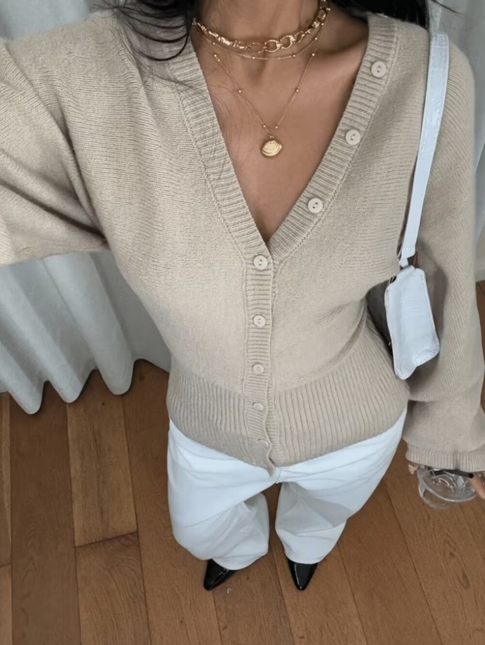 Style Belted Cardigan, Khaki V-Neck Waist-Cinching Lantern Sleeve Sweater - Picture 3 of 6